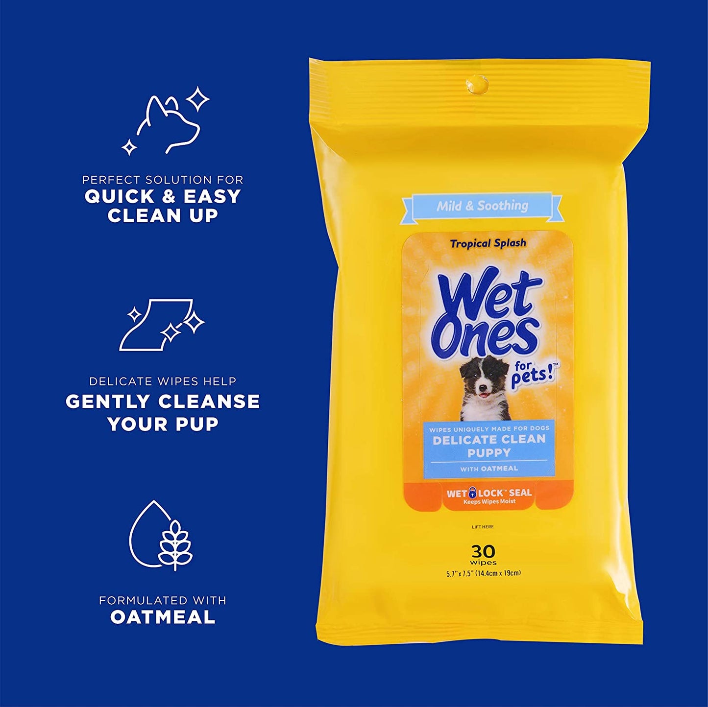 for Pets Delicate Clean Puppy Cleaning Wipes with Oatmeal | Mild & Soothing Puppy Grooming Wipes in Tropical Splash Scent,  Wipes with Wet Lock Seal | 30 Ct Pouch Dog Wipes