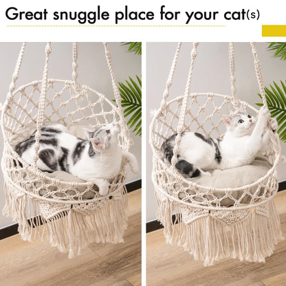 Pet Cat Hammock Swing Bed Bohemian Handwoven Tapestry Cotton Macrame for Home Outdoor Wall Hanging with Cushion